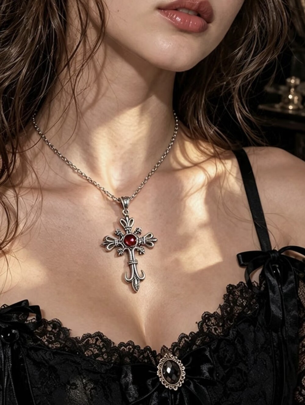 Gothic Silver Cross Pendant Necklace with Red Gem
